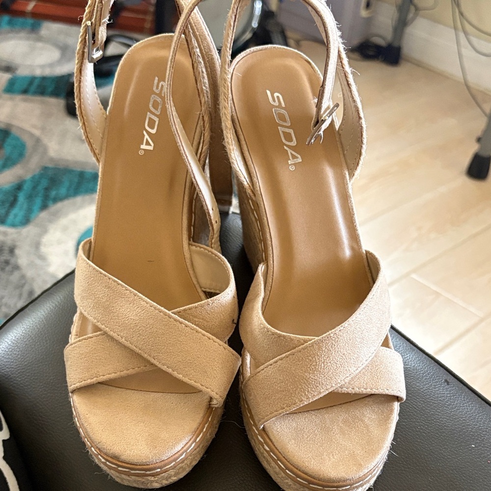 Soda Women's Beige Suede Wedge Sandals with Ankle Strap